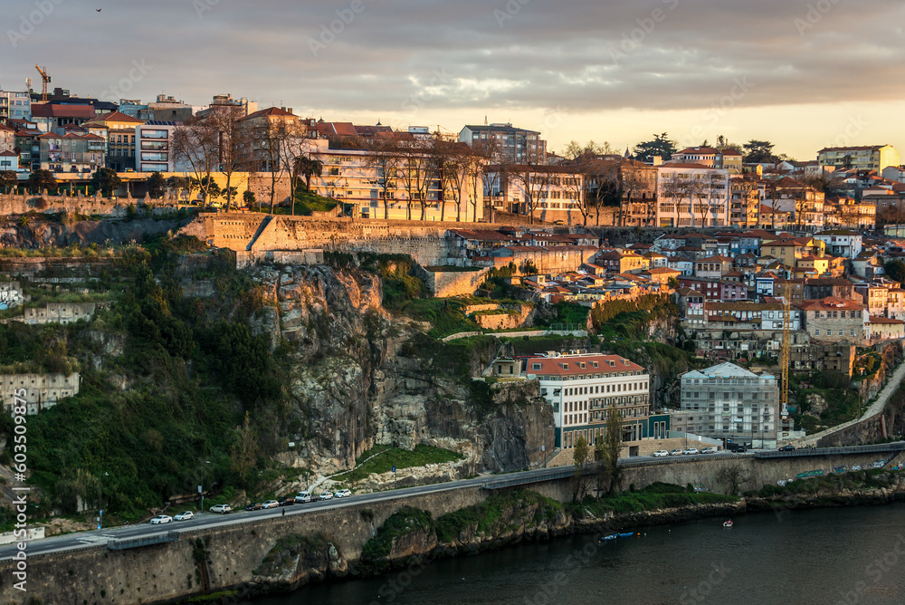 View on a building on a bank of Douro River in Porto city, Portugal