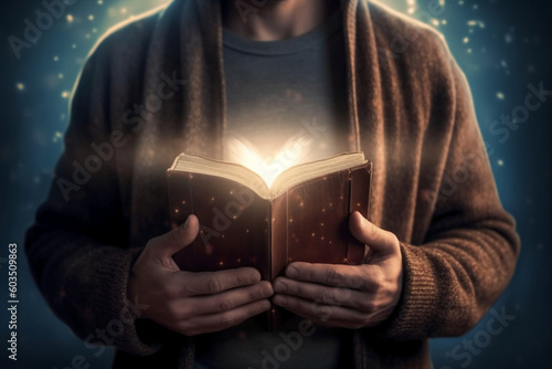 Man is holding and hugging the bible on his chest with atmosphere light
