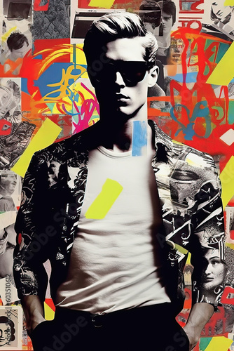 Pop collage Illustration of a handsome male fashion model with sunglasses over scolorful and vibrant patterns and shapes, Fashion, pop art, Generative AI photo