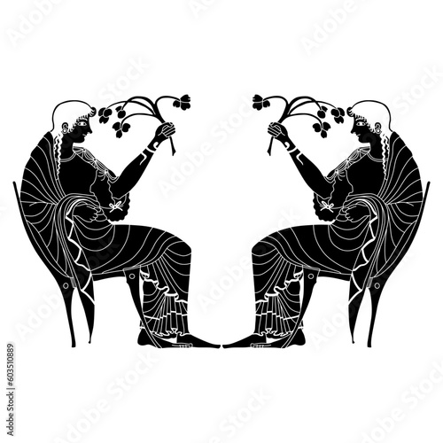 Symmetrical ethnic design with two ancient Greek women sitting in chairs and holding flower branches. Demeter and Persephone. Vase painting style. Black and white negative silhouette.