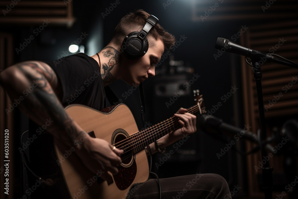 a fictional person, young man playing a guitar in a recording studio