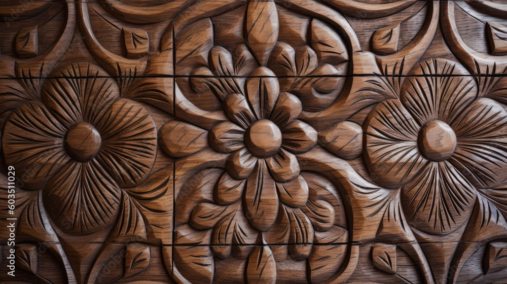 floral carved wood background - by generative ai