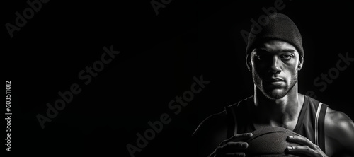 Black and white photorealistic studio portrait of a basketball player on black background. Generative AI illustration © JoelMasson