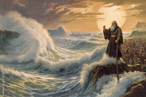 Biblical Moses illustration readying to part the sea. Ai generated