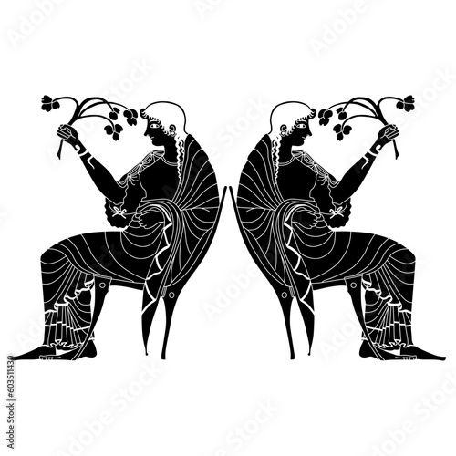 Symmetrical ethnic design with two ancient Greek women sitting in chairs and holding flower branches. Demeter and Persephone. Vase painting style. Black and white negative silhouette.