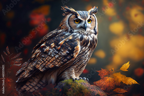 Majestic owl in the forest close up macro. Ai generated