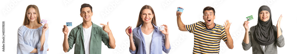 Set of happy people with driving licenses on white background Set of happy people with driving licenses on white background