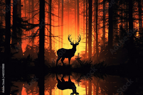 Silhouette of a deer and a approaching forest fire by generative AI © Gary