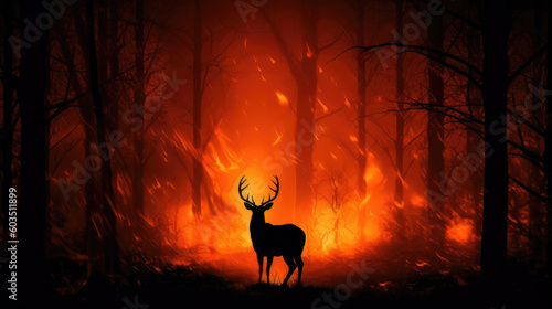 Silhouette of a deer caught in a forest fire by generative AI