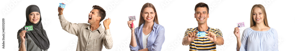 Set of happy people with driving licenses on white background Set of happy people with driving licenses on white background