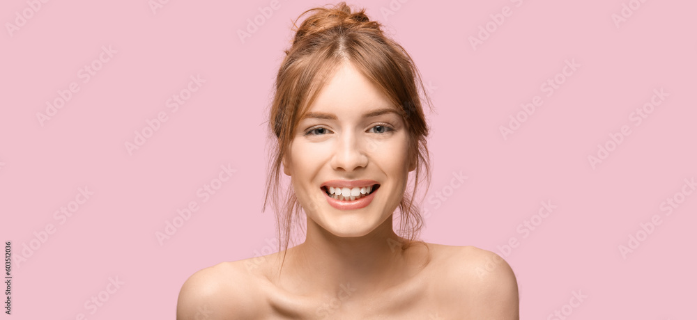 Beautiful young woman with silky skin on pink background Beautiful young woman with silky skin on pink background