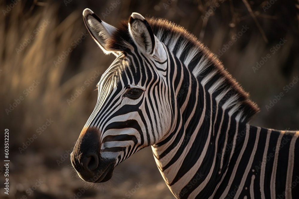 Naklejka premium Beautiful zebra with lines in the savannah close up photography. Ai generated