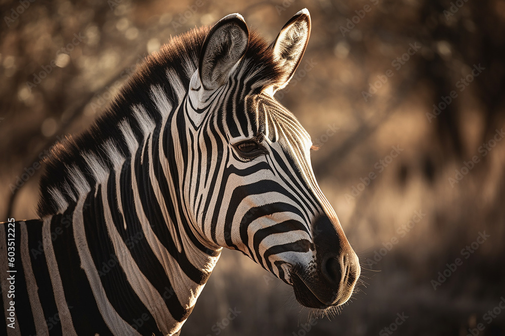 Naklejka premium Beautiful zebra with lines in the savannah close up photography. Ai generated