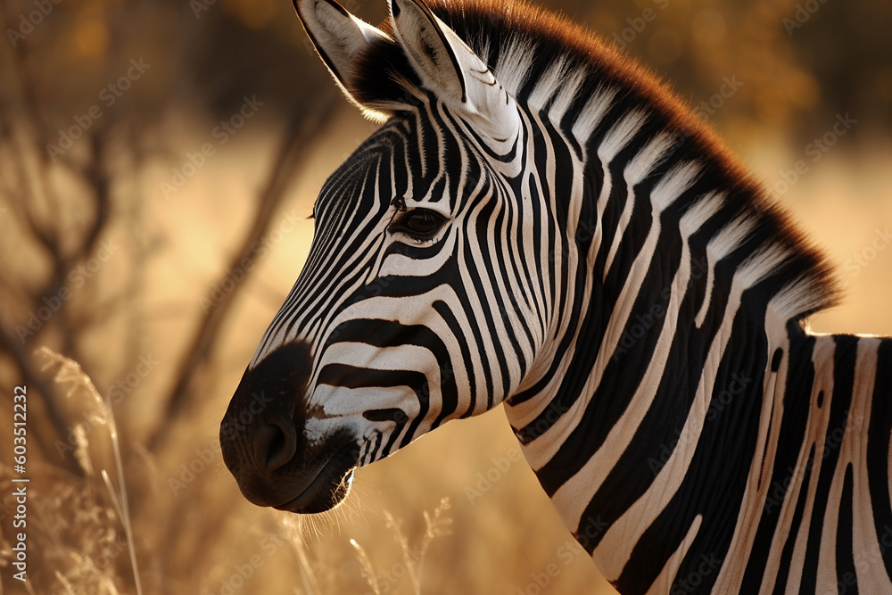 Naklejka premium Beautiful zebra with lines in the savannah close up photography. Ai generated