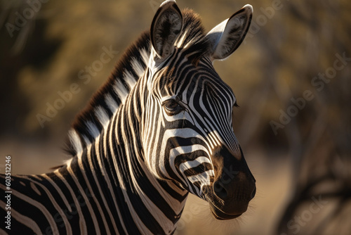 Beautiful zebra with lines in the savannah close up photography. Ai generated