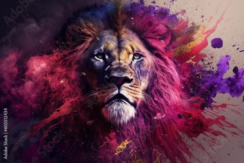 Creative lion head portrait with splash of colors. AI generated