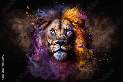 Creative lion head portrait with splash of colors. AI generated © dragomirescu