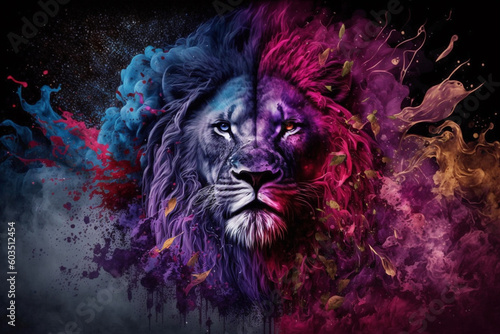 Creative lion head portrait with splash of colors. AI generated