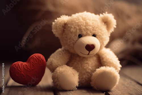 Teddy bear toy with love heart. Ai generated © dragomirescu