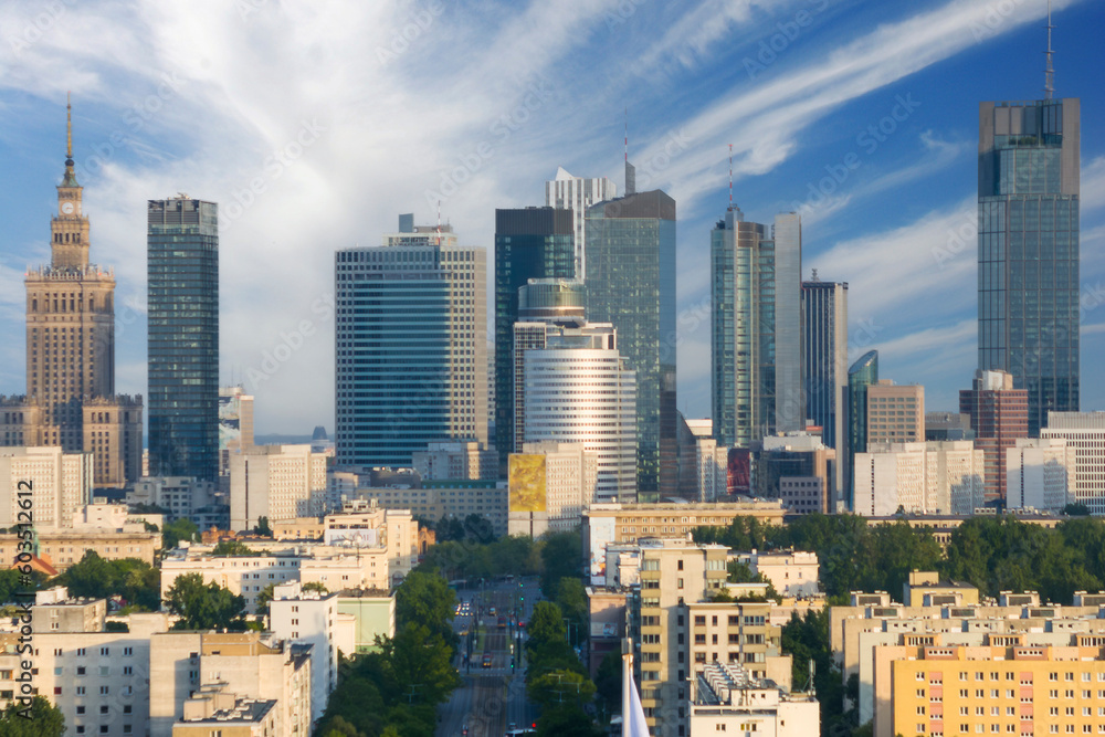 Obraz premium Aerial panorama of Warsaw city during sunset.