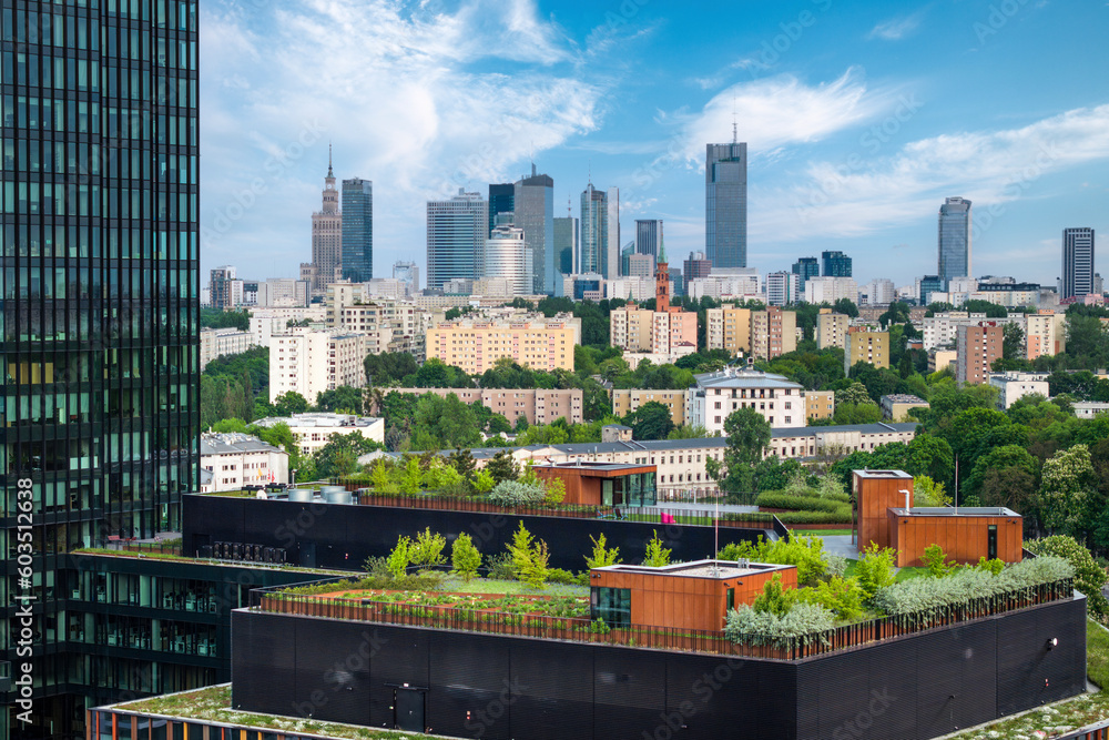 Aerial panorama of Warsaw city during sunset.