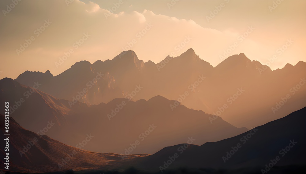 Captivating Natural Beauty: A Spectacular Panoramic View of Majestic Mountain Range in Golden Hour Lighting, Skillfully Captured with Perfect 50mm Focal Length to Emphasize Generative AI