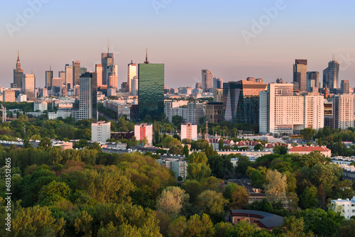 Aerial view of Warsaw city center during sunset