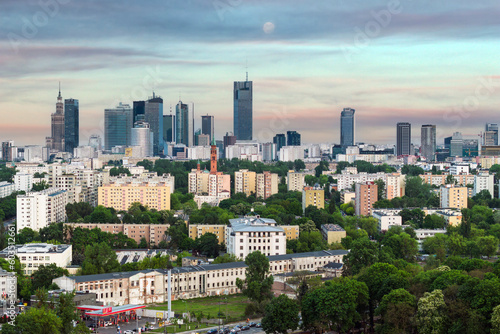 Aerial panorama of Warsaw city during sunset.