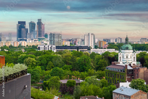 Aerial panorama of Warsaw city during sunset. photo