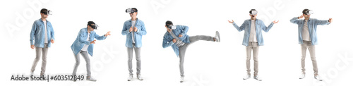 Set of young man in VR glasses isolated on white