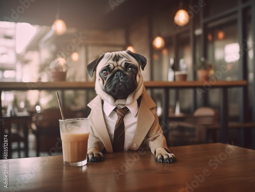 Adorable pug dog boss businessman wearing white shirt tie and suit sitting at the cafe. Generative Ai technology. © Irina