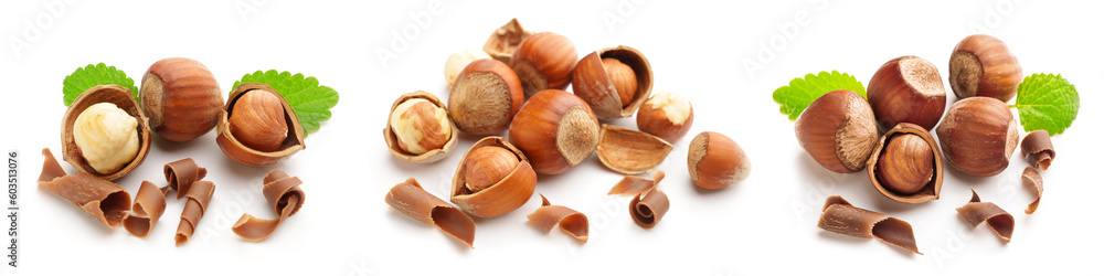 Set of tasty chocolate with hazelnuts on white background Set of tasty chocolate with hazelnuts on white background
