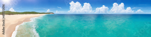 Panorama of ocean beach on a sunny day with waves crashing on the shore. Seascape illustration with sand beach  turquoise water  sun and sky with clouds. Generative AI