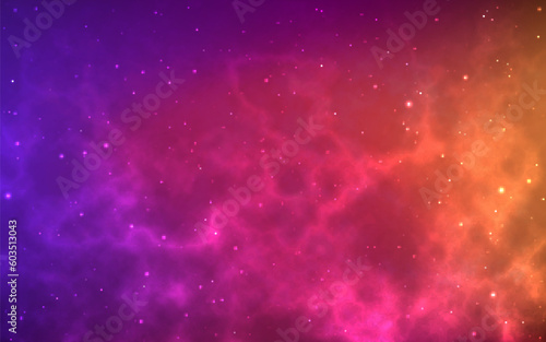 Galaxy background. Realistic colorful cosmos. Bright nebula with shining stars. Modern starry texture. Milky way with glowing dust. Deep space concept. Vector illustration