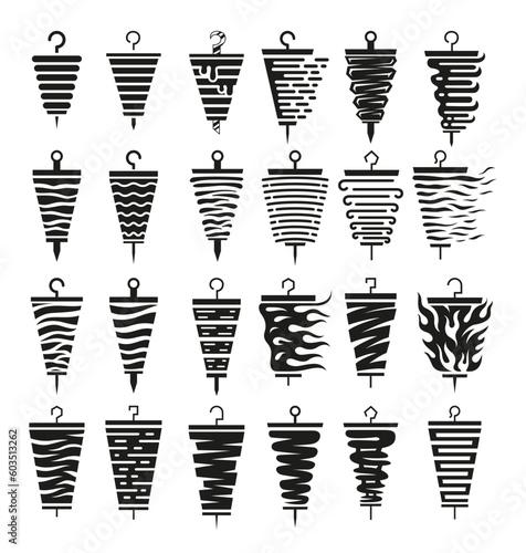 Doner kebab meat slice on sticks monochrome black line icon set vector illustration