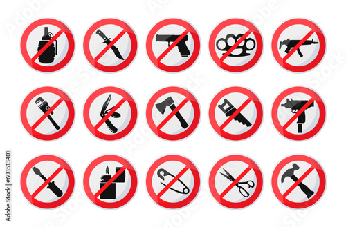 Prohibited items crossed circle badge for safety security warning control set vector illustration