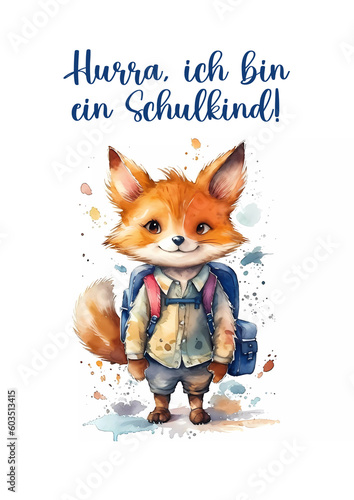 Erster Schultag Vorschulkind Karte Aquarell Bild Tier Hase Fuchs Text KI Generated