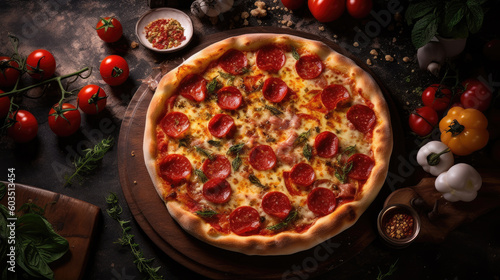 Pizza with salami, mozzarella and tomatoes on a dark background. AI generated. Generative AI