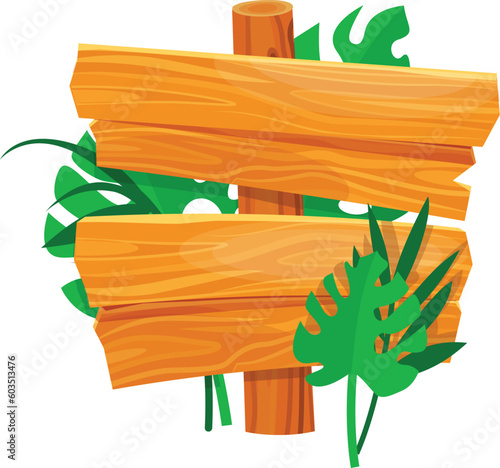 Wooden road sign with tropical green leaves announcement board isometric vector illustration