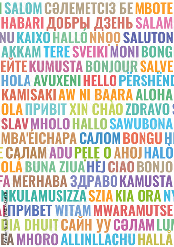A4 page format vector illustration with the word Hello in various languages isolated in a white background