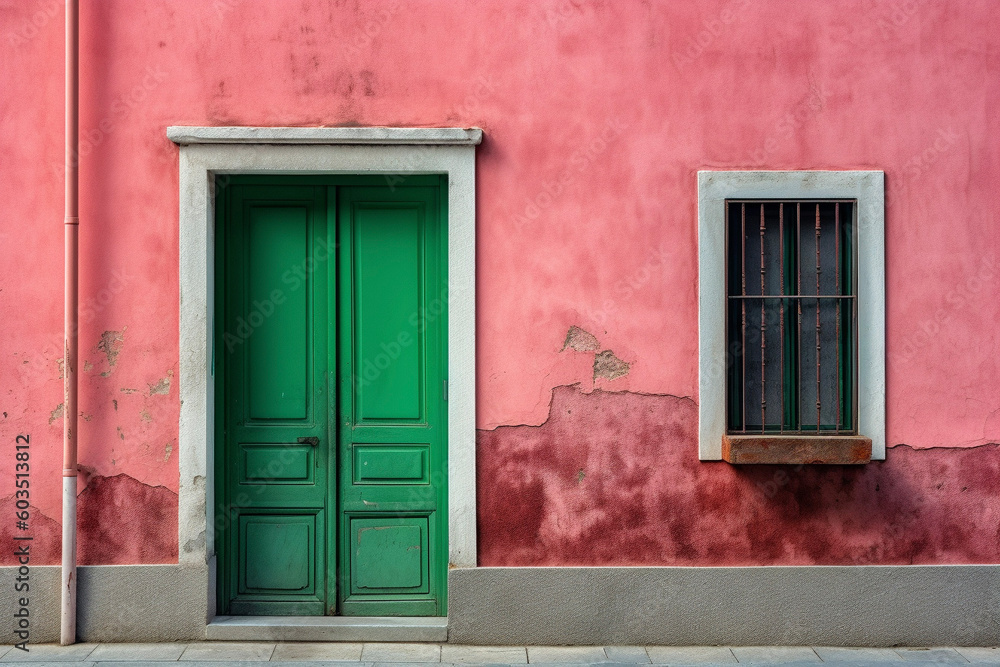 Pink Stucco Wall with Green Door Generative AI