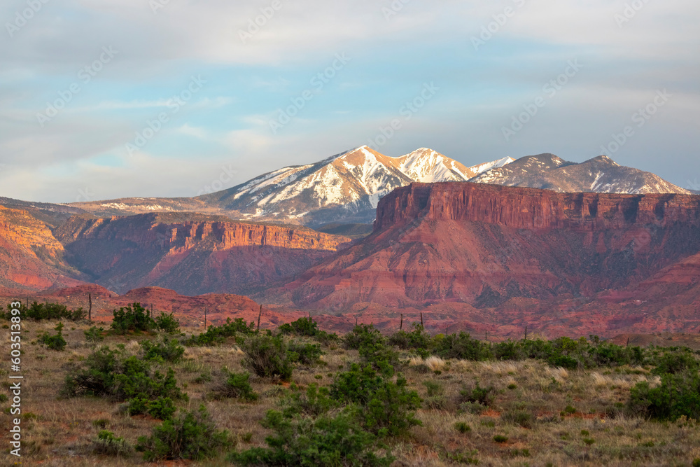 La Sal Mountains as seen from Castle Valley, Utah, at sunset.