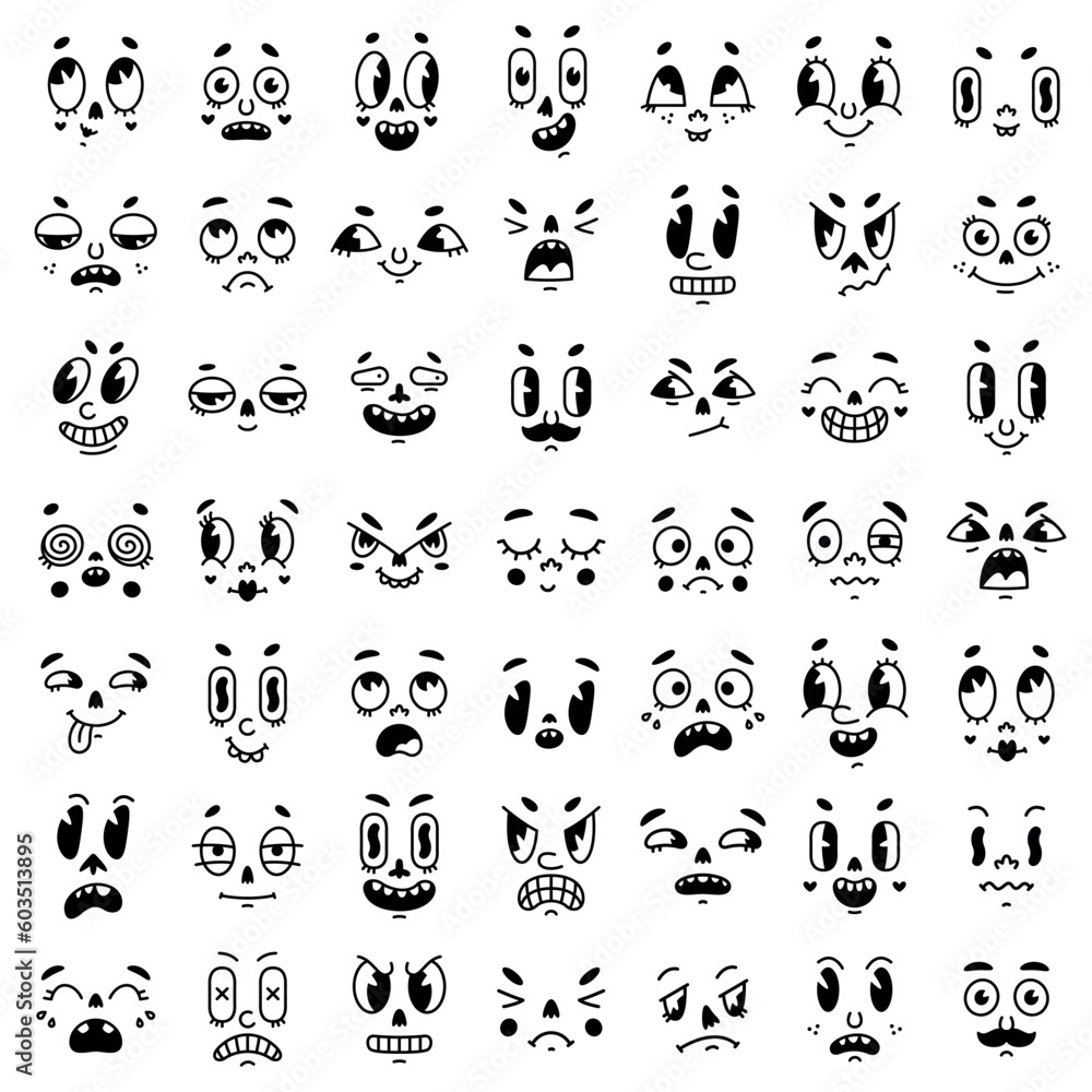 Retro Cartoon Mascot Faces with Eyes and Mouth Elements Vector Set ...