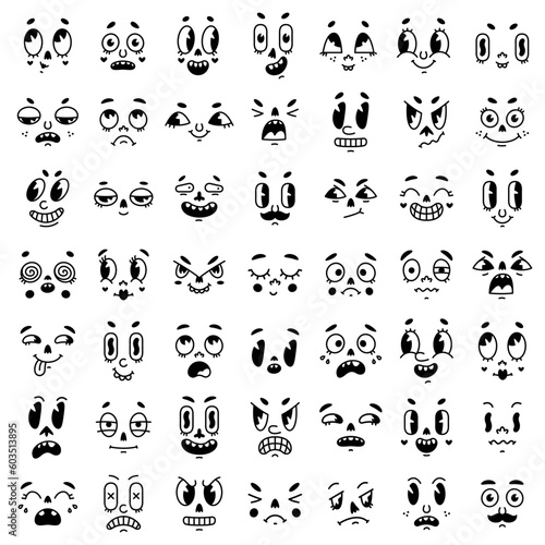 Retro Cartoon Mascot Faces with Eyes and Mouth Elements Vector Set