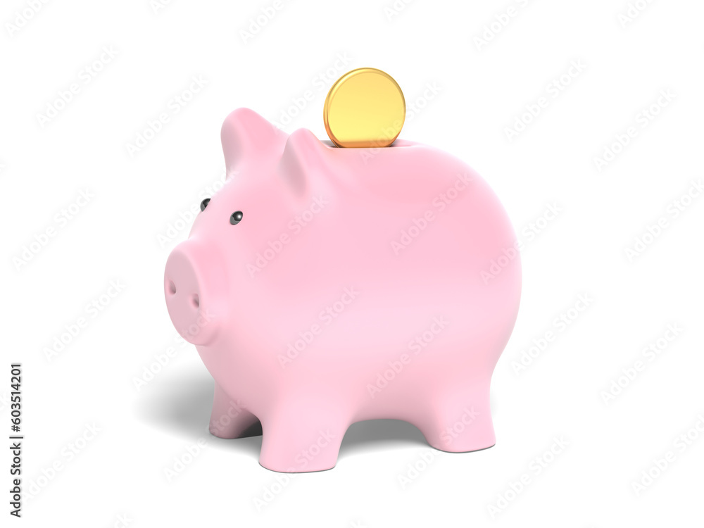 Pink piggy bank and coin isolated on white background. Money savings concept. 3d illustration. Pink piggy bank and coin isolated on white background. Money savings concept. 3d illustration.