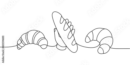 Set of croissant one line continuous drawing. Bakery pastry products continuous one line illustration. Vector minimalist linear illustration.