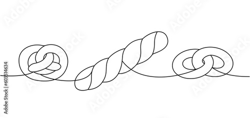 Set of bakery products one line continuous drawing. Pretzel, ciabatta, croissant, bagel continuous one line illustration. Vector linear illustration.