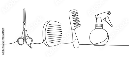 Set of barber shop tools one line continuous drawing. Hairdresser spray bottle, scissors, hair comb continuous one line illustration.