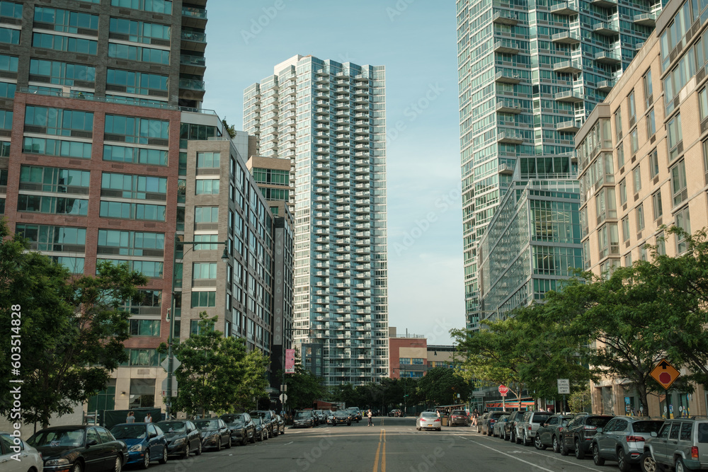 Street with modern buildings, Long Island City, Queens, New York Street with modern buildings, Long Island City, Queens, New York