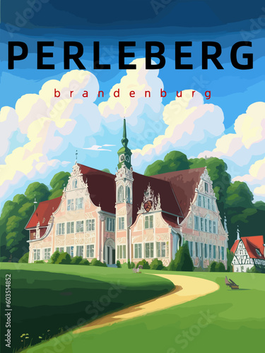 Perleberg: Retro tourism poster with an German landscape and the headline Perleberg in Brandenburg
